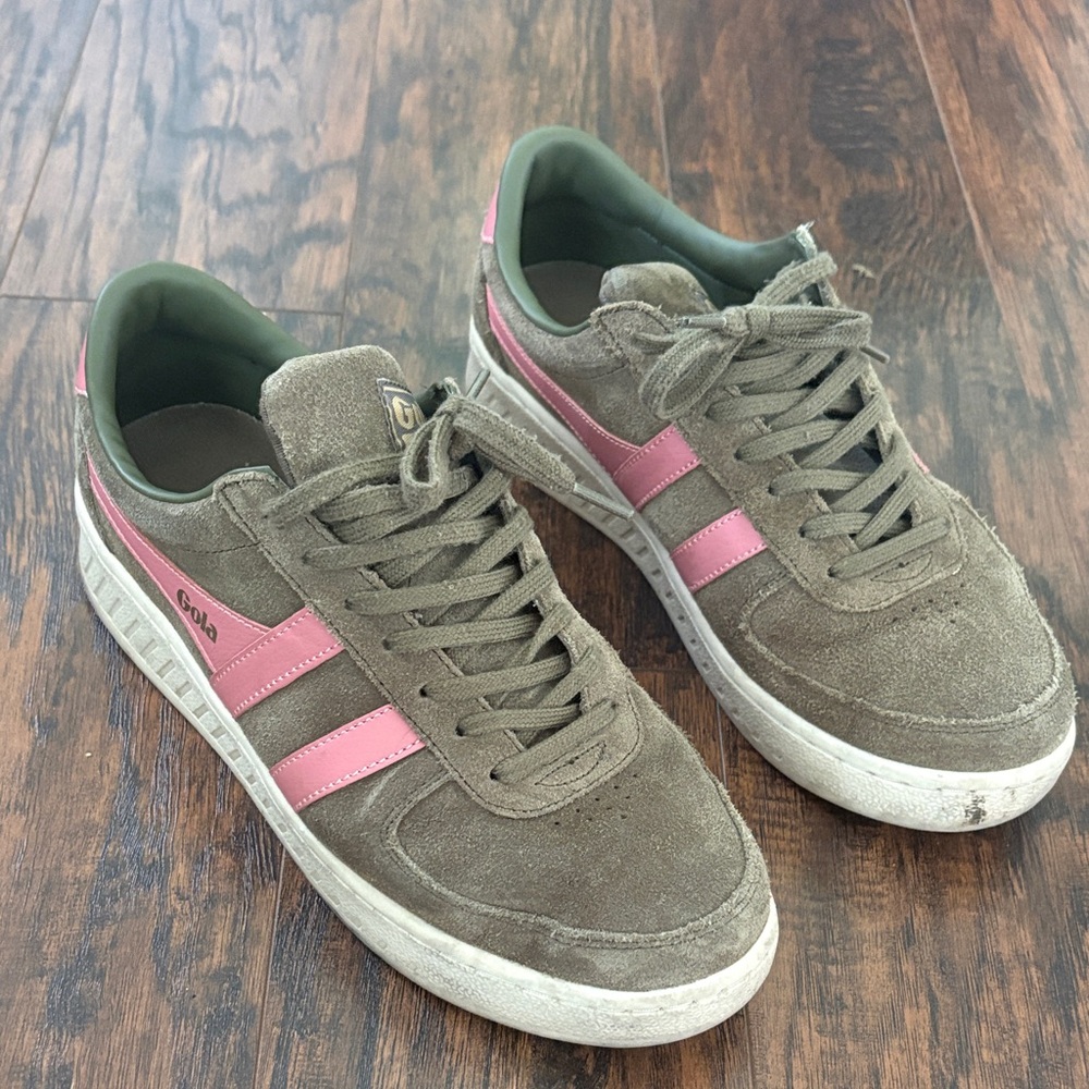Gola Olive Suede Sneakers with Pink Accent Stripes